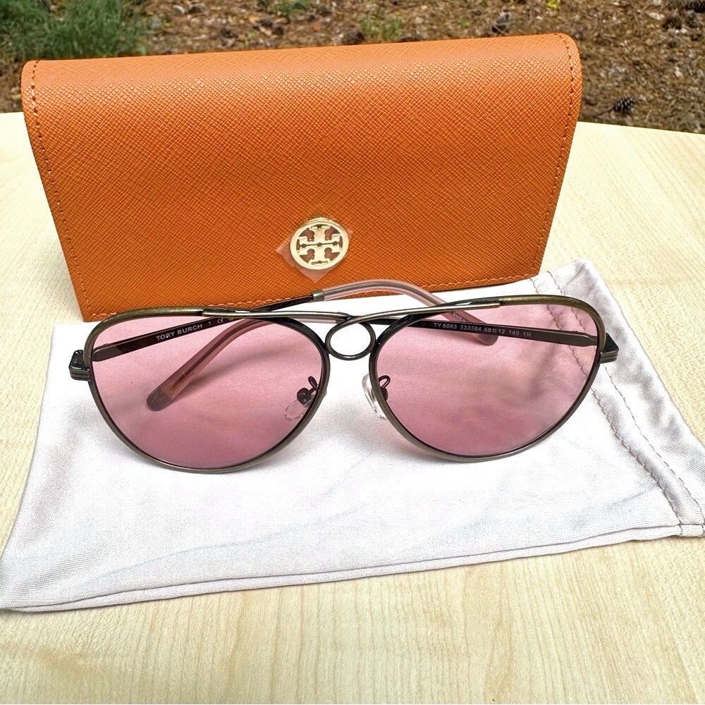 TORY BURCH sunglasses for women aviators with rose pink lenses metal NEW + CASE - Picture 1 of 11